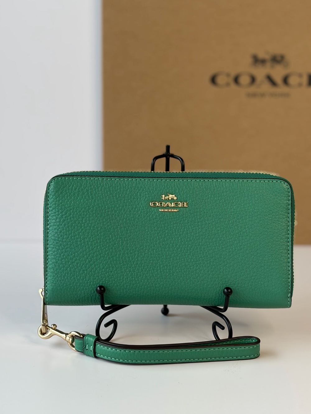 COACH Green Pebbled Leather Long Zip Around Wallet with Gold Hardware